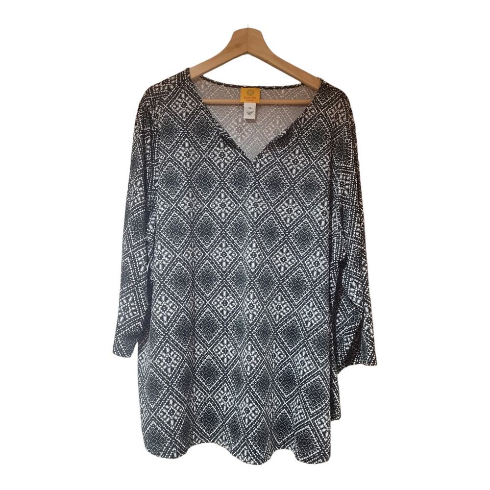 Ruby Rd Top Women 2X Stretch‎ Knit Tunic Black And White Puff Paisley Blouse